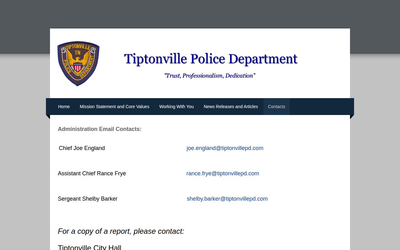 Tiptonville Police report request and recent arrest contact page