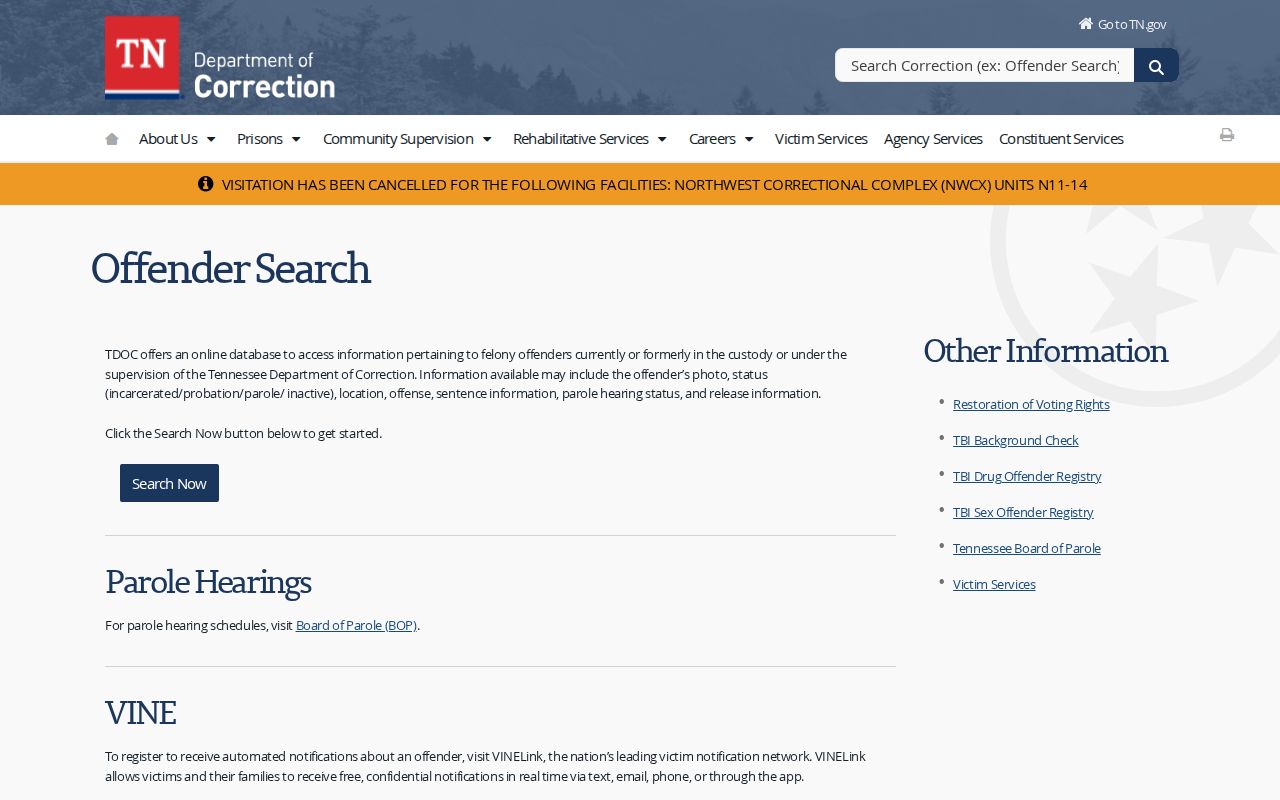 Tennessee FOIL offender photo and state custody lookup information