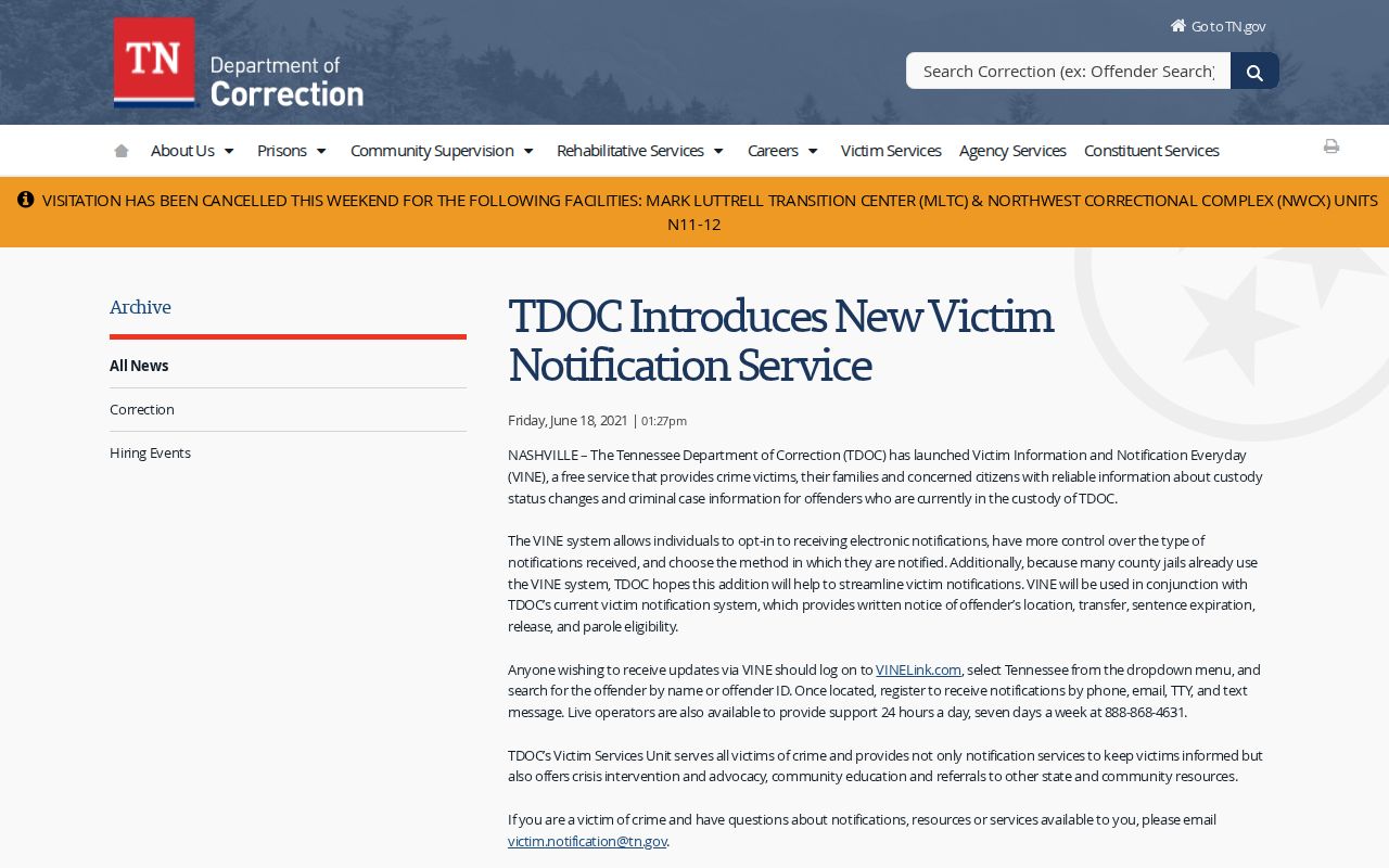 Tennessee correction VINELink release and transfer alert instructions