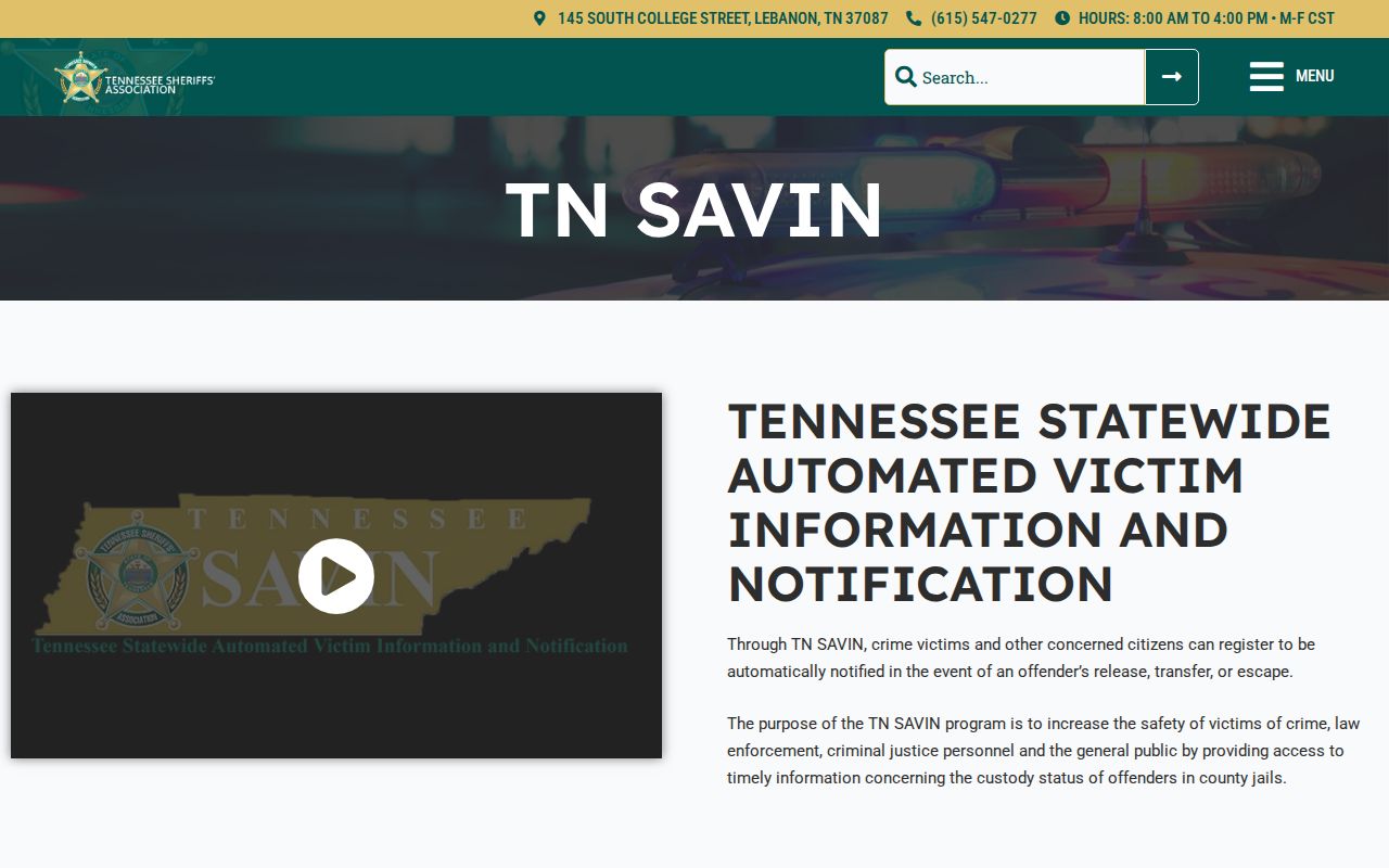 Tennessee SAVIN Lake County custody notification information